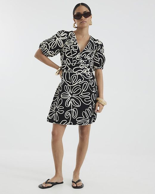 River Island Black Mini Dress Petite Short Sleeve Floral Cotton