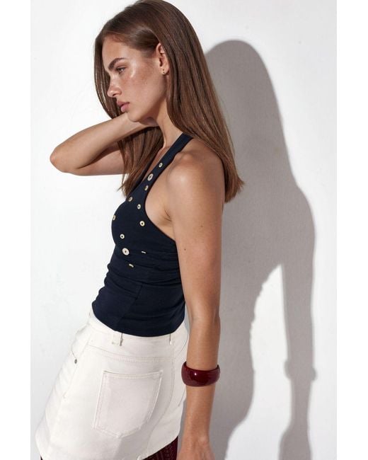 Busem Blue Embroidered Slim-Fit Sleeveless Blouse