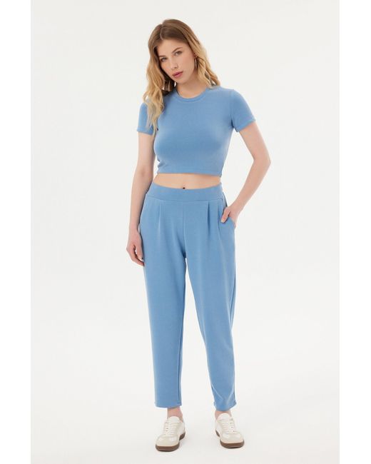 Hiccup Blue Round Neck Basic Crop Top