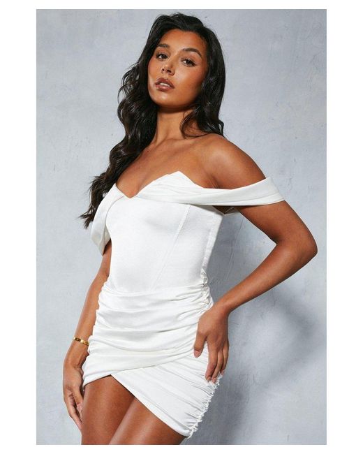 MissPap White Premium Satin Bardot Ruched Skirt Bodycon Mini Dress