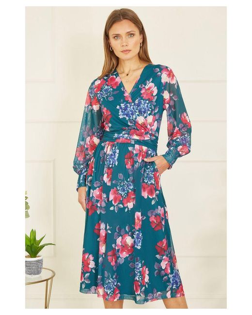 Yumi' Blue Floral Print Stretch Mesh Dress With Pockets
