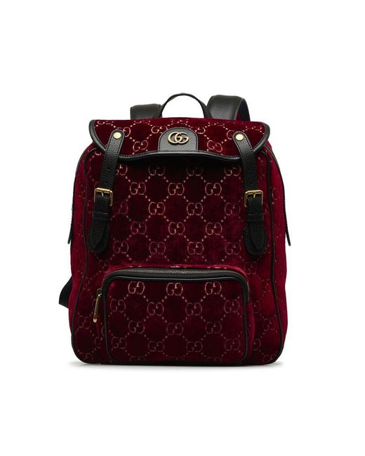 Gucci Vintage GG Velvet Double Buckle Backpack Red Velvet Fabric
