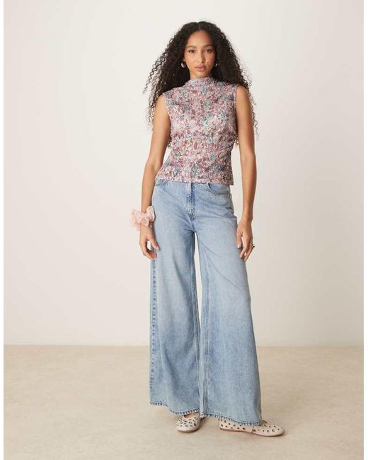 ASOS Pink Printed Lace Gathered Side Grown On Neck Sheer Tank