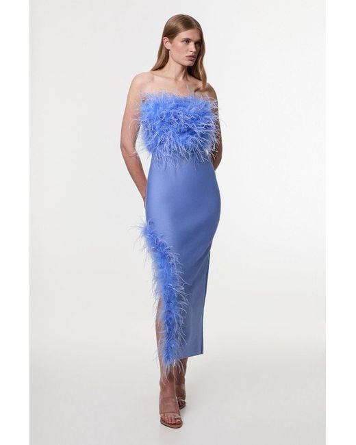 figure form bandage knit split feather hem midi dress Karen Millen Detail Bandeau in Blue Colorful Collection