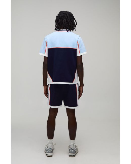BoohooMAN Blue Relaxed Colour Block Polo And Short Knitted Set for men