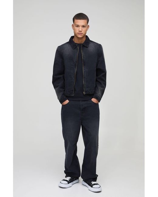 BoohooMAN Blue Harrington Washed Jean Jacket for men