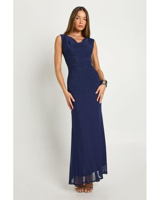 Boohoo Blue Cowl Neck Mesh Column Maxi Dress
