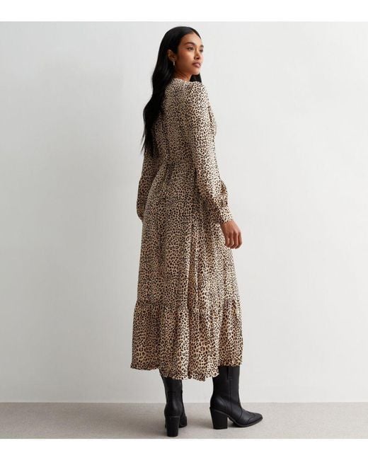 Gini London Maxi-jurk Met Luipaardprint En Lange Mouwen in het Natural
