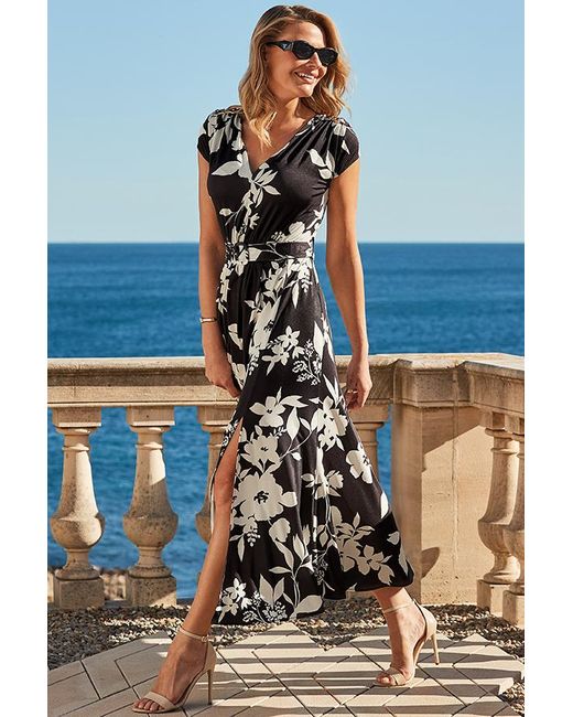 Sosandar Blue Floral Print Belted Jersey Maxi Dress