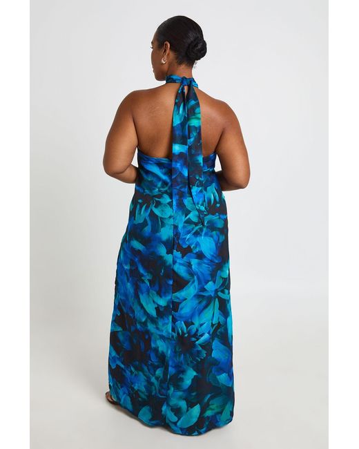 Boohoo Blue Plus Plunge Halterneck Chiffon Maxi Dress