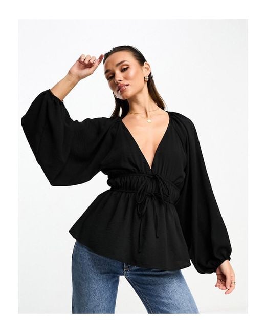 ASOS Black Long Sleeve V Neck Top With Kimono And Tie Front