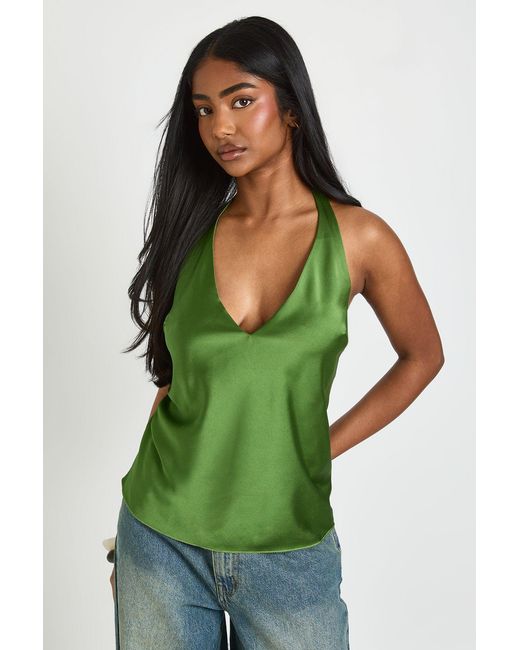 Boohoo Green Halter Plunge Swing Cami Top