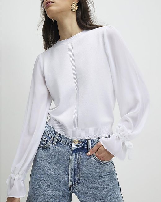 River Island White Blouse Chiffon Long Sleeve Viscose