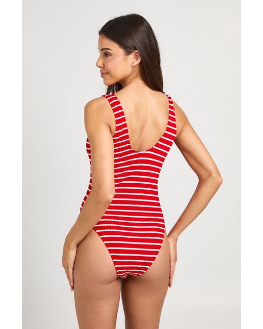 Boohoo Red Stripe Crinkle Scoop Swimsuit