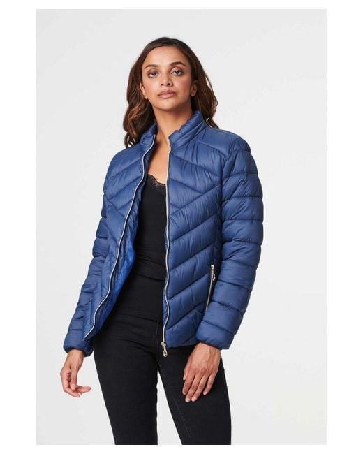 Izabel London Blue High Neck Zip Front Puffer Jacket Nylon