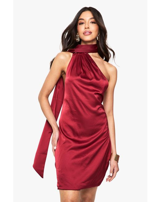 Boohoo Red Premium Satin Scarf Detail Mini Dress