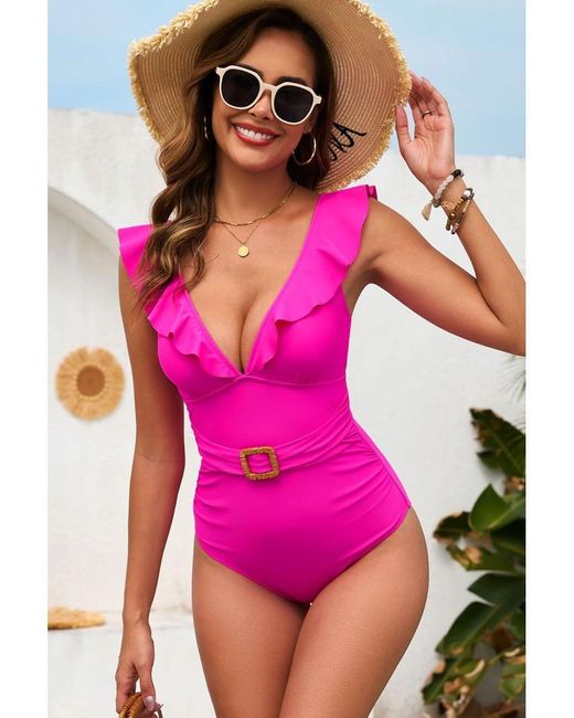 Everyday the Label Gegolfde Plunge Badmode Uit Een Stuk Met Uitneembare Vulling in het Pink