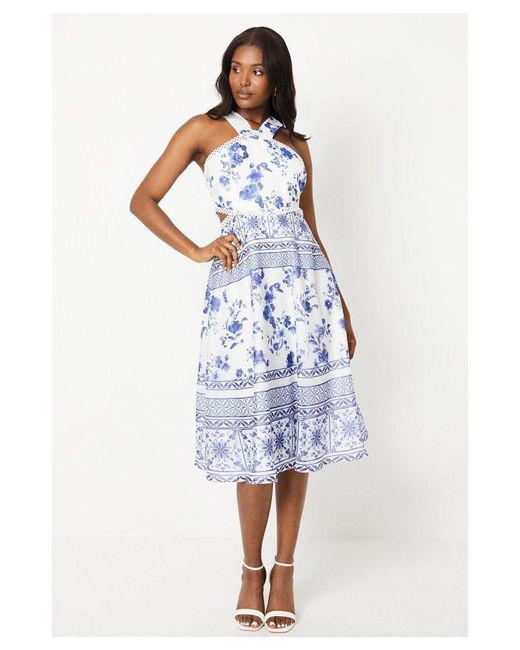 Coast Blue Petite Cross Neck Border Print Organza Midi Dress