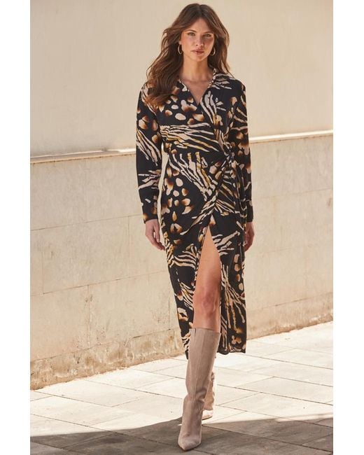 Sosandar Natural Abstract Animal Print Wrap Midi Dress