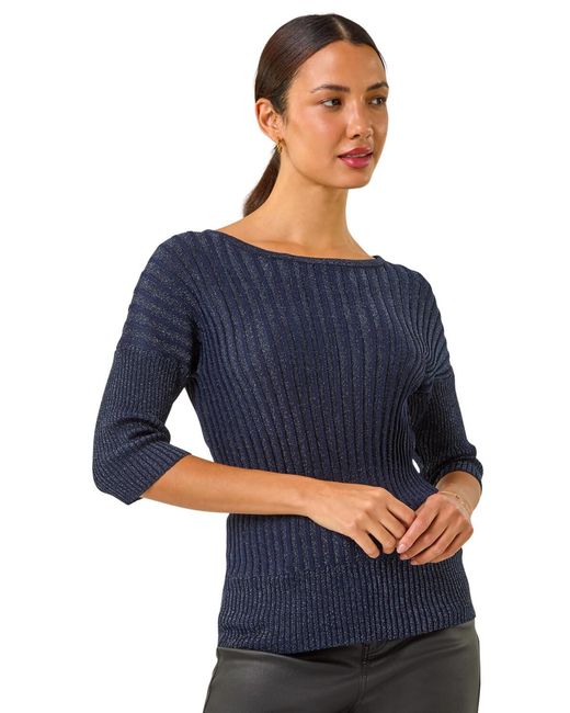 Roman Blue Shimmer Ribbed Batwing Knit Jumper