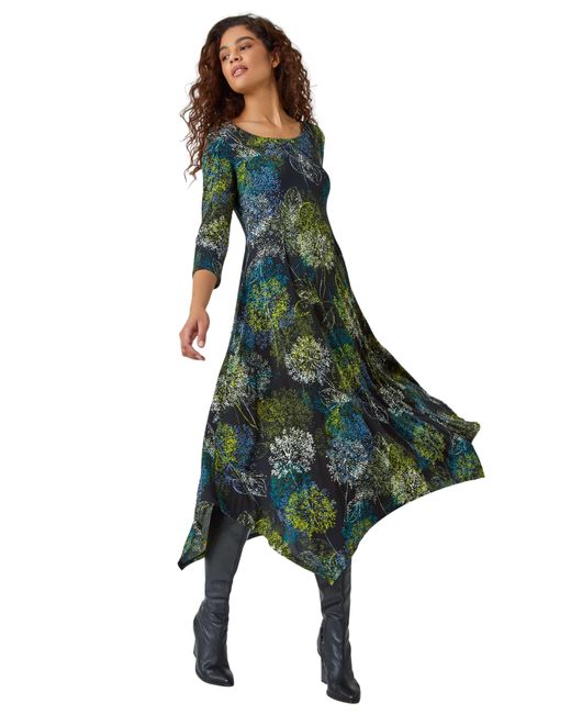 Roman Green Floral Hanky Hem Stretch Midi Dress