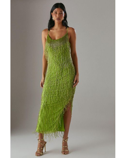Warehouse Green Hand Embellished Sequin Tassel Midi Dress