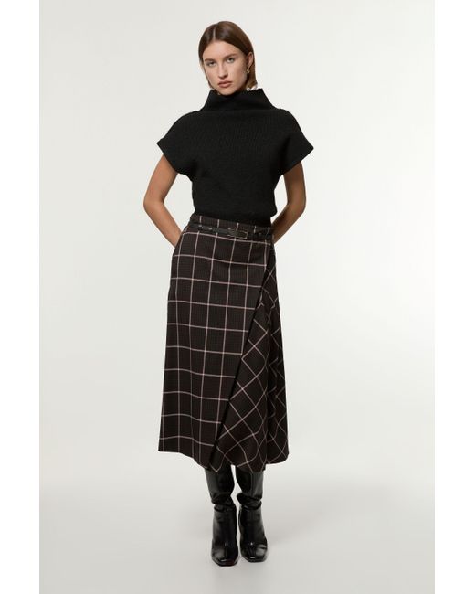 Karen Millen Black Check Pleated Kilt Belted Midi Skirt