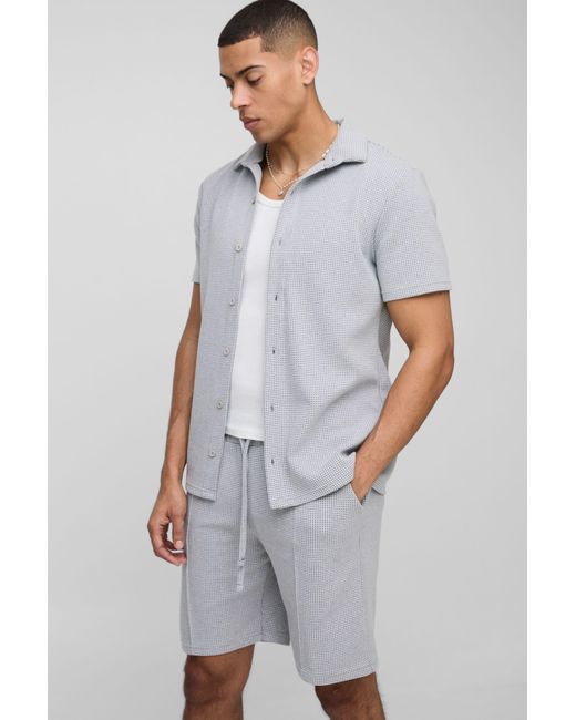 BoohooMAN Gray Slim Short Sleeve Collared Shirt & Comfort Pintuck Short for men