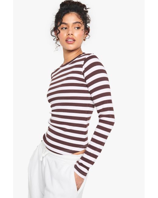 Boohoo White Ribbed Striped Long Sleeve Top