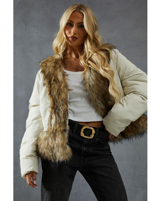 MissPap Natural Faux Fur Trim Puffer Coat