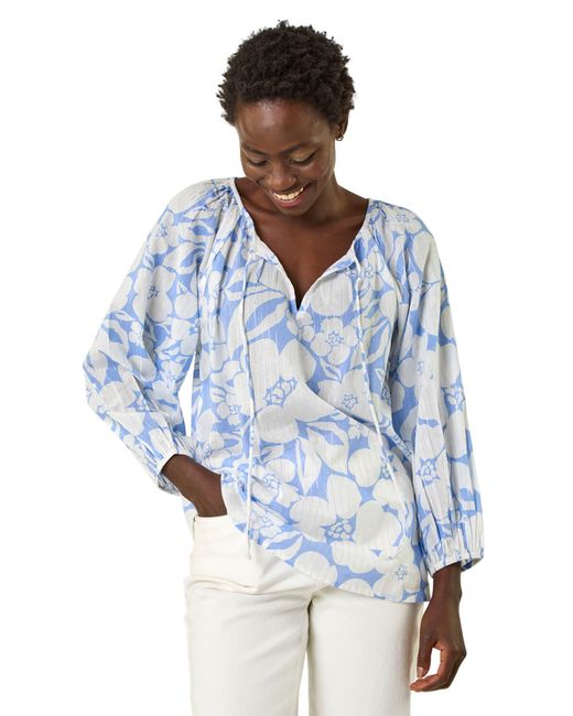 Roman Blue Floral Print Tie Neck Tunic Top
