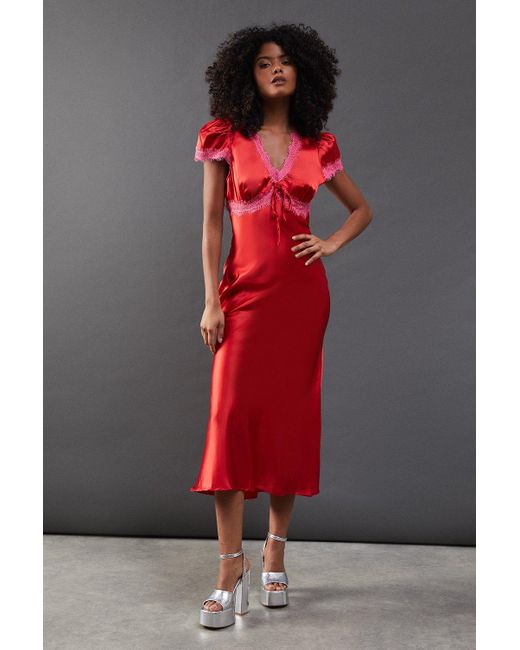 Warehouse Red Satin Lace Trim Midaxi Tea Dress