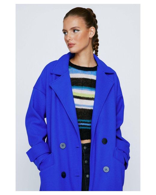 Nasty Gal Blue Faux Wool Double Breasted Longline Coat