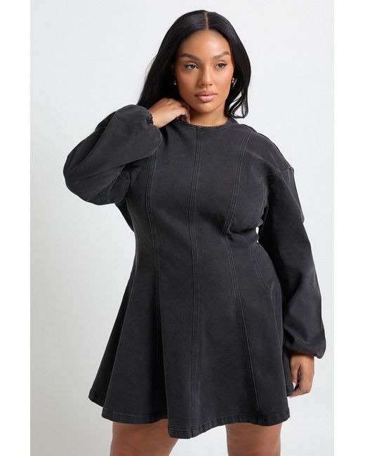 Boohoo Black Plus Long Sleeve Seam Detail Denim Dress