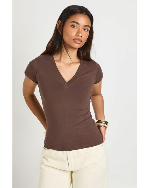 Boohoo Brown V Neck Cap Sleeve Fitted T-Shirt