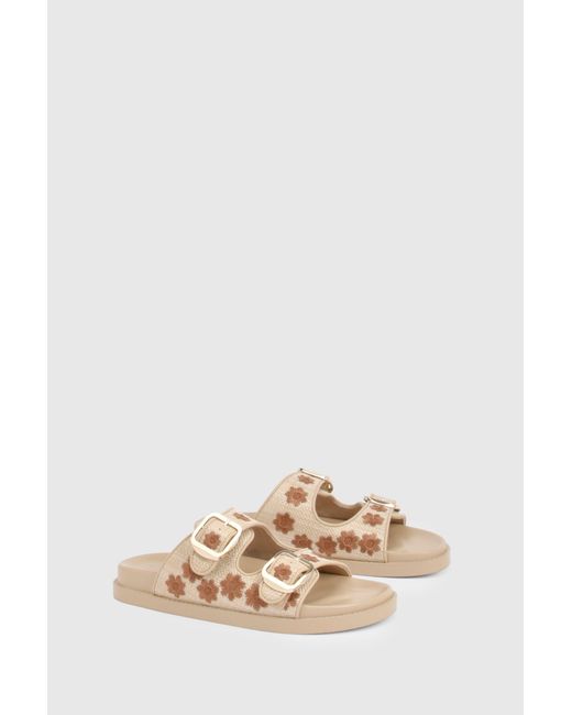Boohoo Natural Raffia Flower Double Buckle Sliders