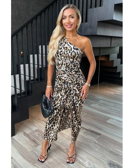 AX Paris Gray Multi Leopard Print One Shoulder Knot Skirt Satin Midi Dress