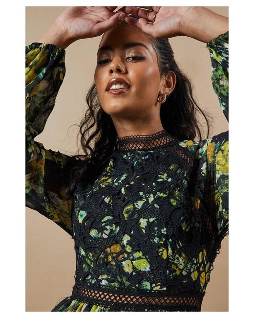 Oasis Black Petite Occasion Floral Lace Trim Dobby Chiffon Tiered Midaxi Dress
