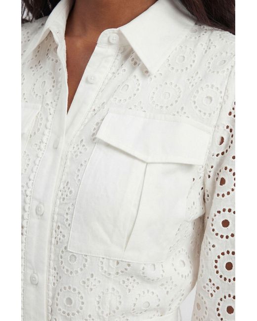 Karen Millen White Petite Cotton Broderie Belted Shirt Dress