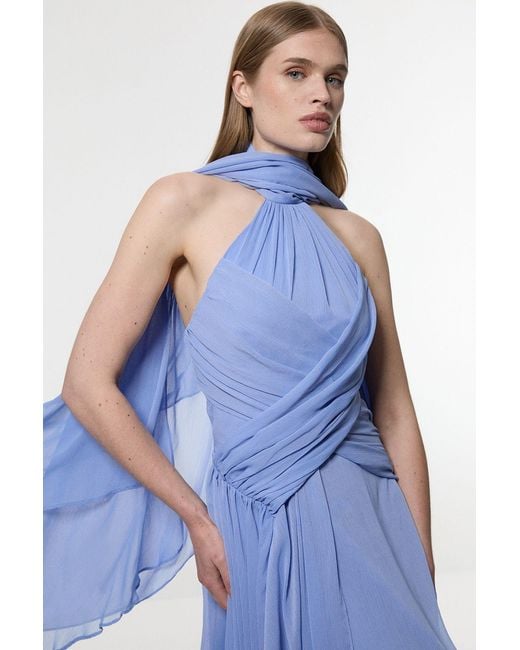 Karen Millen Blue Petite Crinkle Cross Front Georgette Woven Maxi Dress