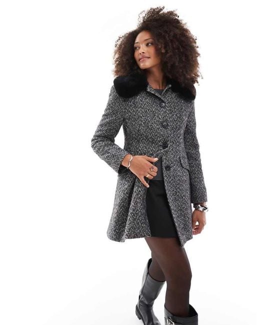Miss Selfridge Black Boucle Faux Fur Trim Dolly Coat