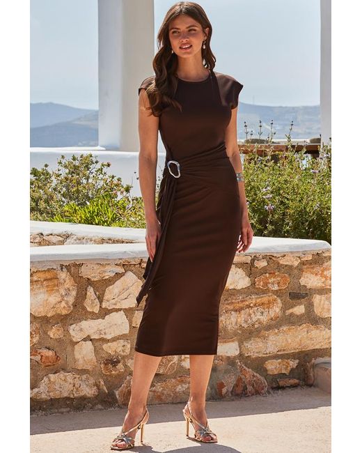 Sosandar Brown Ruched Midi Dress With Trim Detail