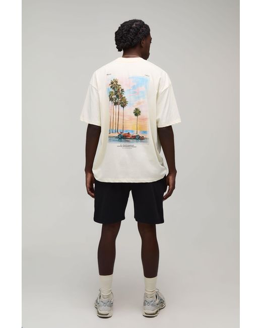 BoohooMAN Natural Oversized Extended Neck Sports Car Palm Print T-Shirt & Short Set for men