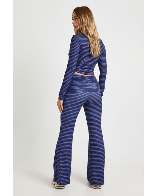 Boohoo Blue Super Soft Stripe Long Sleeve Top & Fold Over Flare