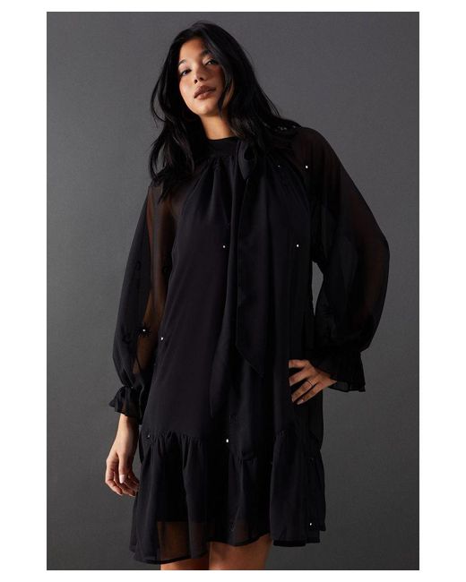 Warehouse Black Premium Chiffon Tie Neck Moon Embellished Mini Smock Dress