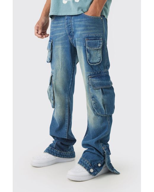 BoohooMAN Blue Slim Flared Cargo Gusset Jeans for men