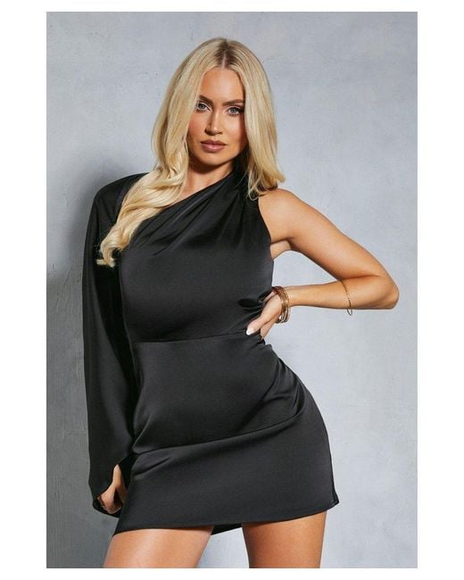 MissPap Gray Satin One Shoulder Asymmetric Flare Sleeve Mini Dress