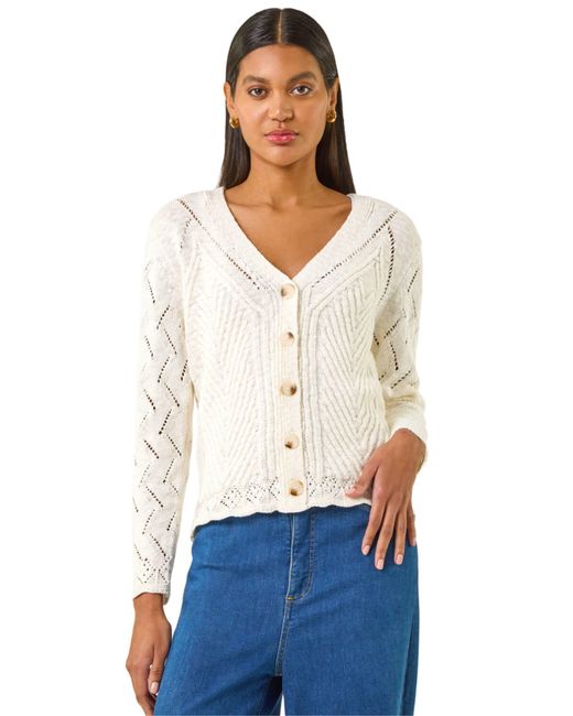 Roman White Scallop V-Neck Knit Cardigan