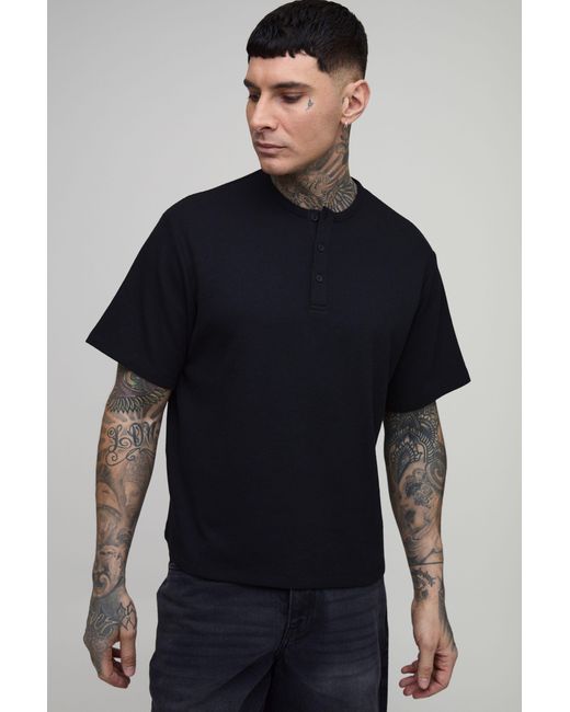 BoohooMAN Blue Tall Relaxed Fit Waffle Henley T-Shirt for men