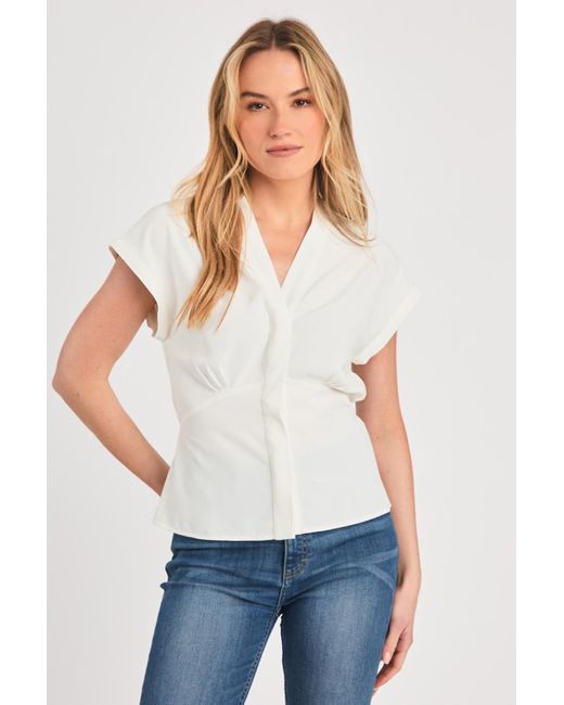 French Connection White Off V-Neck Button Up Short Sleeve Crepe Blouse